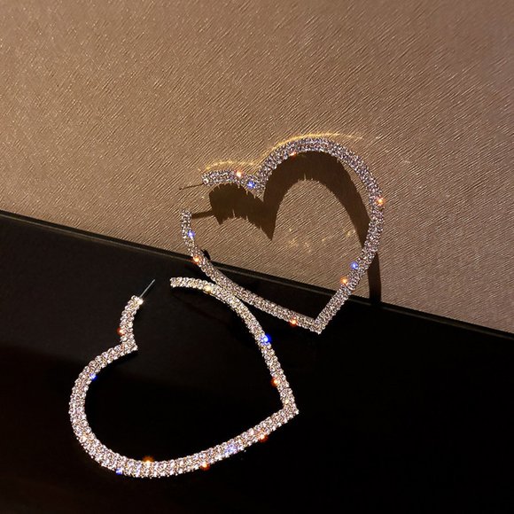 NEW Gold Round Diamond Heart Large Hoop Earrings - Picture 7 of 9